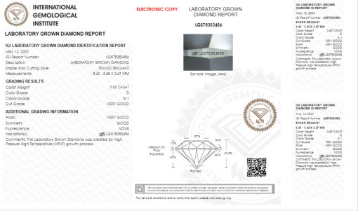 เพชรแท้ CVD เซอร์ IGI น้ำ 100 เกรด SI1 VG VG G N 0.65 กะรัต (1CER37N)