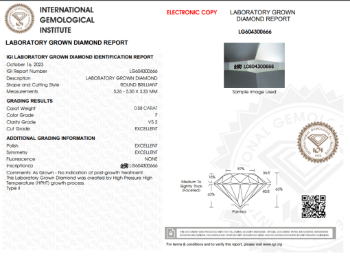 เพชรแท้ Lab Grown Diamond 0.58 กะรัต น้ำ 98 เกรด VS2 EX EX EX N พร้อมเซอร์ IGI (1CER258)