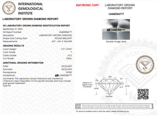 เพชรแท้ Lab Grown Diamond 0.31 กะรัต น้ำ 98 เกรด VS2 H&A EX EX N พร้อมเซอร์ IGI (1CER267)