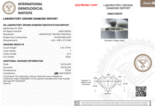 เพชรแท้ Lab Grown Diamond 0.32 กะรัต น้ำ 98 เกรด VS2 H&A EX EX N พร้อมเซอร์ IGI (1CER268)