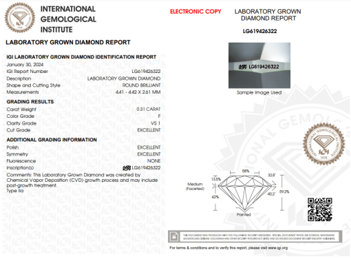 เพชรแท้ Lab Grown Diamond 0.31 กะรัต น้ำ 98 เกรด VS1 EX EX EX N พร้อมเซอร์ IGI (1CER352)