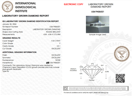 เพชรแท้ Lab Grown Diamond 0.32 กะรัต น้ำ 98 เกรด VS1 EX EX EX N พร้อมเซอร์ IGI (1CER353)