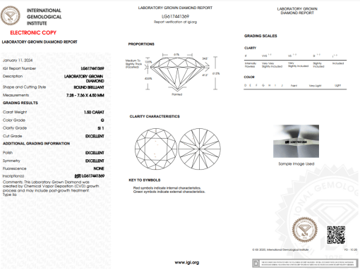 เพชรแท้ Lab Grown Diamond 1.50 กะรัต น้ำ 97 เกรด SI1 EX EX EX N พร้อมเซอร์ IGI (1CER374)