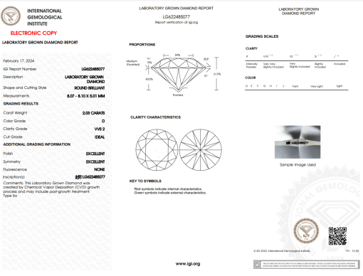 เพชรแท้ Lab Grown Diamond 2.03 กะรัต น้ำ 100 เกรด VVS2 H&A EX EX N พร้อมเซอร์ IGI (1CER377)