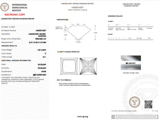 เพชรแท้ Lab Grown Diamond 1.02 กะรัต น้ำ 100 เกรด VS1 EX EX N พร้อมเซอร์ IGI (1CER401)