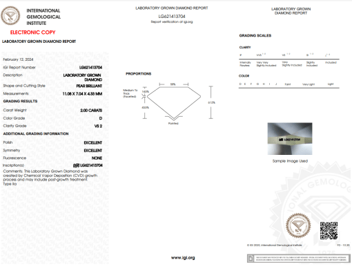 เพชรแท้ Lab Grown Diamond 2.00 กะรัต น้ำ 100 เกรด VS2 EX EX N พร้อมเซอร์ IGI (1CER412)