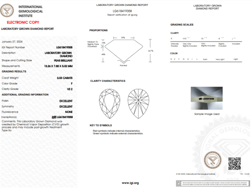 เพชรแท้ Lab Grown Diamond 3.03 กะรัต น้ำ 98 เกรด VS2 EX EX N พร้อมเซอร์ IGI (1CER414)