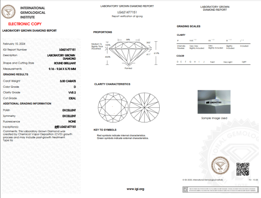 เพชรแท้ Lab Grown Diamond 3.00 กะรัต น้ำ 100 เกรด VVS2 H&A EX EX N พร้อมเซอร์ IGI (1CER420)