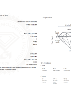 เพชรแท้ Lab Grown Diamond 0.55 กะรัต น้ำ 98 เกรด VVS2 H&A EX EX N พร้อมเซอร์ IGI (1CER443)