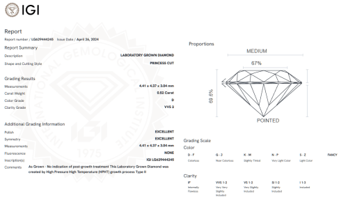 เพชรแท้ Lab Grown Diamond 0.52 กะรัต น้ำ 100 เกรด VVS2 EX EX N พร้อมเซอร์ IGI (1CER612)