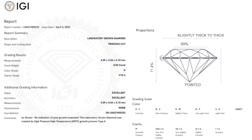 เพชรแท้ Lab Grown Diamond 0.53 กะรัต น้ำ 100 เกรด VVS2 EX EX N พร้อมเซอร์ IGI (1CER613)