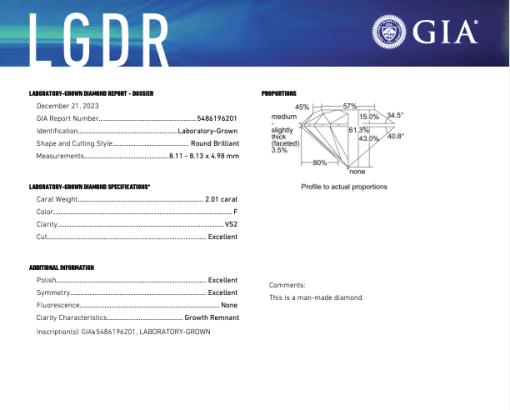 เพชรแท้ Lab Grown Diamond 2.01 กะรัต น้ำ 98 เกรด VS2 EX EX EX N พร้อมเซอร์ GIA (1CER573)