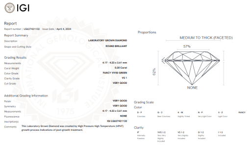 เพชรแท้ Lab Grown Diamond 0.30 กะรัต น้ำ GREEN เกรด VS1 VG VG VG N พร้อมเซอร์ IGI (1CER601)