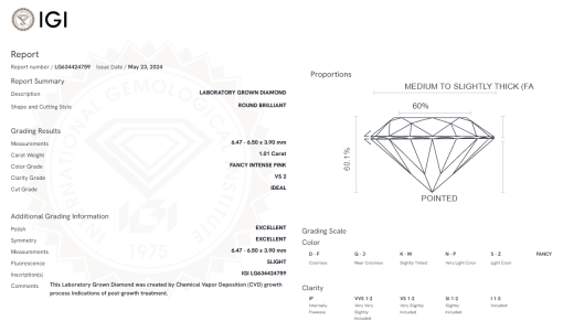 เพชรแท้ Lab Grown Diamond 1.01 กะรัต น้ำ PINK เกรด VS2 H&A EX EX N พร้อมเซอร์ IGI (1CER598)