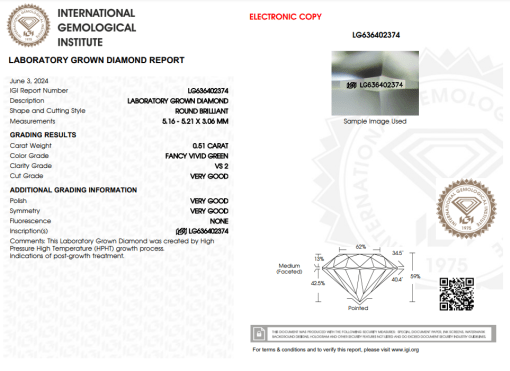 เพชรแท้ Lab Grown Diamond 0.51 กะรัต น้ำ GREEN เกรด VS2 VG VG VG N พร้อมเซอร์ IGI (1CER616)