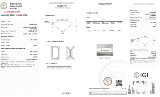 เพชรแท้ Lab Grown Diamond 1.06 กะรัต น้ำ 100 เกรด VVS2 EX EX N พร้อมเซอร์ IGI (1CER622)