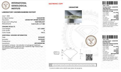 เพชรแท้ Lab Grown Diamond 0.51 กะรัต น้ำ 100 เกรด VVS2 EX EX N พร้อมเซอร์ IGI (1CER629)