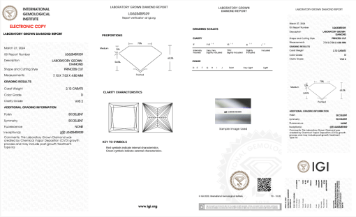 เพชรแท้ Lab Grown Diamond 2.12 กะรัต น้ำ 100 เกรด VVS2 EX EX N พร้อมเซอร์ IGI (1CER641)