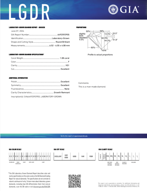 เพชรแท้ Lab Grown Diamond 1.08 กะรัต น้ำ 98 เกรด VS1 EX EX EX N พร้อมเซอร์ GIA (1CER646)