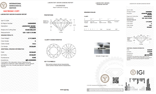 เพชรแท้ Lab Grown Diamond 2.19 กะรัต น้ำ 100 เกรด VVS2 EX EX EX N พร้อมเซอร์ IGI (1CER738)