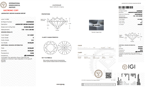 เพชรแท้ Lab Grown Diamond 1.51 กะรัต น้ำ 96 เกรด VS2 EX EX EX N พร้อมเซอร์ IGI (1CER739)