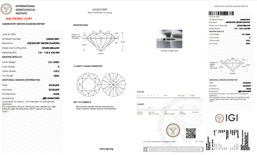 เพชรแท้ Lab Grown Diamond 1.51 กะรัต น้ำ 100 เกรด VVS2 H&A EX EX N พร้อมเซอร์ IGI (1CER741)