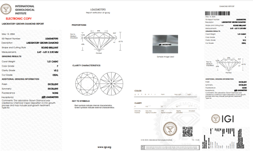 เพชรแท้ Lab Grown Diamond 1.01 กะรัต น้ำ 98 เกรด VS2 H&A EX EX N พร้อมเซอร์ IGI (1CER742)