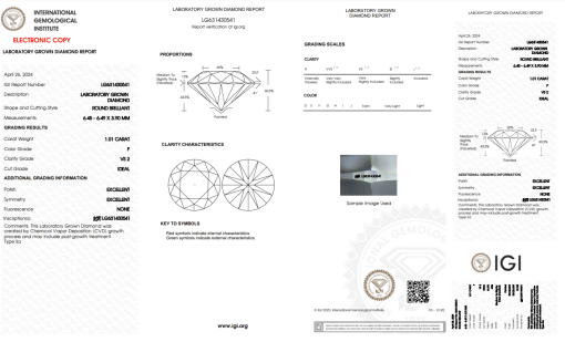 เพชรแท้ Lab Grown Diamond 1.01 กะรัต น้ำ 98 เกรด VS2 H&A EX EX N พร้อมเซอร์ IGI (1CER743)