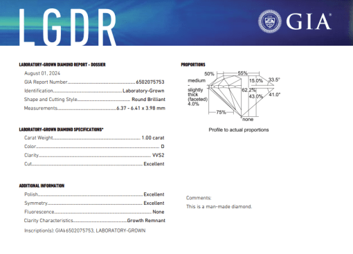 เพชรแท้ Lab Grown Diamond 1.00 กะรัต น้ำ 100 เกรด VVS2 EX EX EX N พร้อมเซอร์ GIA (1CER745)