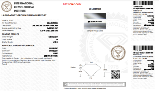 เพชรแท้ Lab Grown Diamond 0.51 กะรัต น้ำ 100 เกรด VVS2 EX EX N พร้อมเซอร์ IGI (1CER749)