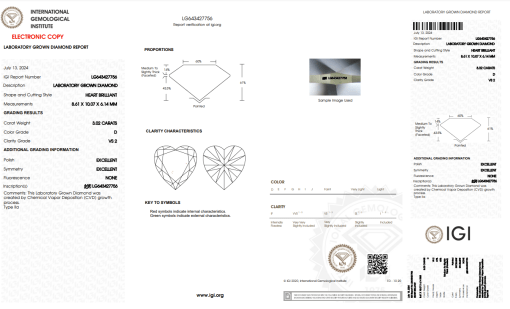 เพชรแท้ Lab Grown Diamond 3.02 กะรัต น้ำ 100 เกรด VS2 EX EX N พร้อมเซอร์ IGI (1CER750)