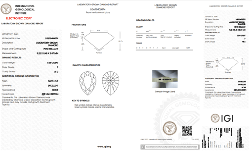 เพชรแท้ Lab Grown Diamond 1.04 กะรัต น้ำ 98 เกรด VS2 EX EX N พร้อมเซอร์ IGI (1CER753)