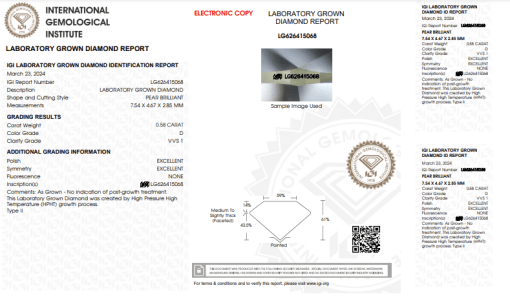 เพชรแท้ Lab Grown Diamond 0.58 กะรัต น้ำ 100 เกรด VVS1 EX EX N พร้อมเซอร์ IGI (1CER754)