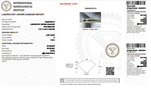 เพชรแท้ Lab Grown Diamond 0.59 กะรัต น้ำ 100 เกรด VVS2 EX EX N พร้อมเซอร์ IGI (1CER755)