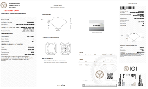 เพชรแท้ Lab Grown Diamond 2.08 กะรัต น้ำ 98 เกรด VS2 EX EX N พร้อมเซอร์ IGI (1CER764)