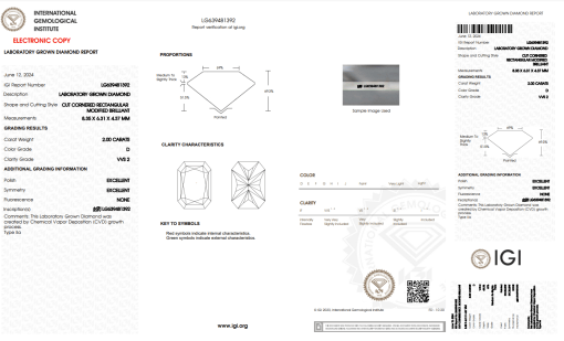 เพชรแท้ Lab Grown Diamond 2.00 กะรัต น้ำ 100 เกรด VVS2 EX EX N พร้อมเซอร์ IGI (1CER765)