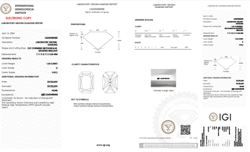 เพชรแท้ Lab Grown Diamond 1.04 กะรัต น้ำ 100 เกรด VVS2 EX EX N พร้อมเซอร์ IGI (1CER767)