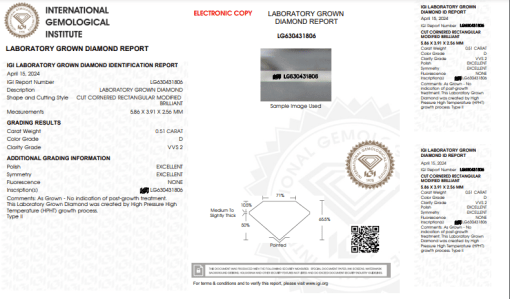 เพชรแท้ Lab Grown Diamond 0.51 กะรัต น้ำ 100 เกรด VVS2 EX EX N พร้อมเซอร์ IGI (1CER768)