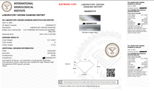 เพชรแท้ Lab Grown Diamond 0.51 กะรัต น้ำ 100 เกรด VVS2 EX EX N พร้อมเซอร์ IGI (1CER768)