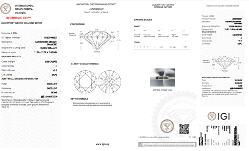 เพชรแท้ Lab Grown Diamond 5.02 กะรัต น้ำ 96 เกรด VS2 H&A EX EX N พร้อมเซอร์ IGI (1CER771)