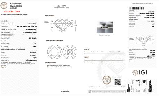 เพชรแท้ Lab Grown Diamond 3.19 กะรัต น้ำ 100 เกรด VS1 H&A EX EX N พร้อมเซอร์ IGI (1CER783)