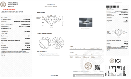 เพชรแท้ Lab Grown Diamond 2.12 กะรัต น้ำ 95 เกรด VS1 EX EX EX N พร้อมเซอร์ IGI (1CER786)