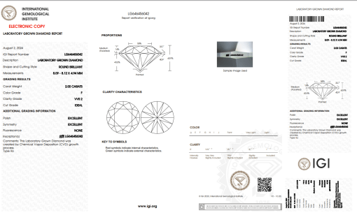 เพชรแท้ Lab Grown Diamond 2.00 กะรัต น้ำ 98 เกรด VVS2 H&A EX EX N พร้อมเซอร์ IGI (1CER791)