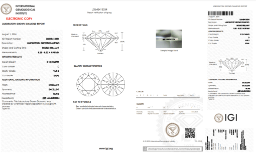 เพชรแท้ Lab Grown Diamond 2.10 กะรัต น้ำ 100 เกรด VVS2 H&A EX EX N พร้อมเซอร์ IGI (1CER796)