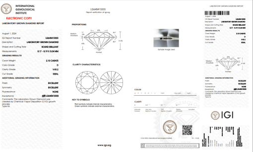 เพชรแท้ Lab Grown Diamond 2.10 กะรัต น้ำ 100 เกรด VVS2 H&A EX EX N พร้อมเซอร์ IGI (1CER797)