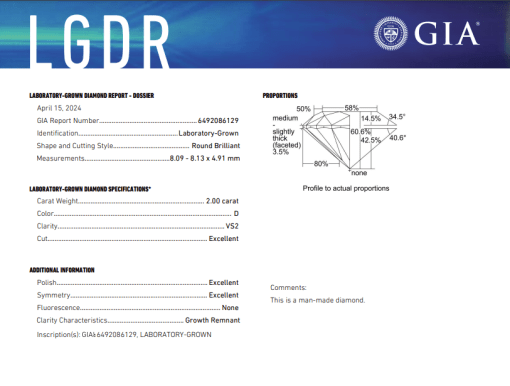 เพชรแท้ Lab Grown Diamond 2.00 กะรัต น้ำ 100 เกรด VS2 EX EX EX N พร้อมเซอร์ GIA (1CER798)