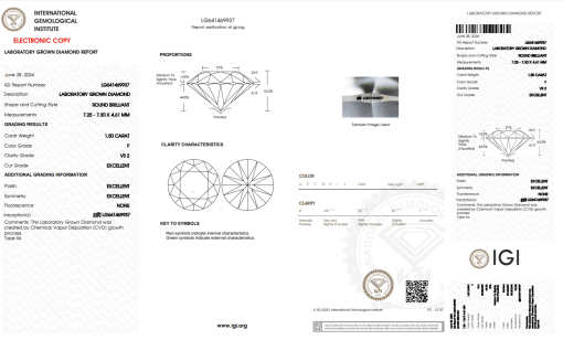 เพชรแท้ Lab Grown Diamond 1.50 กะรัต น้ำ 98 เกรด VS2 EX EX EX N พร้อมเซอร์ IGI (1CER801)