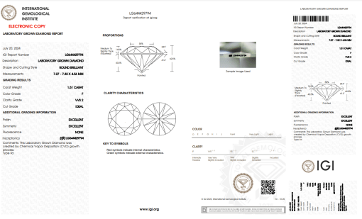 เพชรแท้ Lab Grown Diamond 1.51 กะรัต น้ำ 98 เกรด VVS2 H&A EX EX N พร้อมเซอร์ IGI (1CER802)