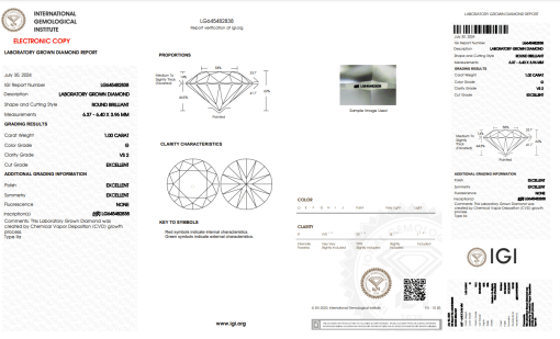 เพชรแท้ Lab Grown Diamond 1.00 กะรัต น้ำ 97 เกรด VS2 EX EX EX N พร้อมเซอร์ IGI (1CER807)