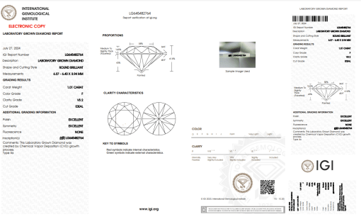 เพชรแท้ Lab Grown Diamond 1.01 กะรัต น้ำ 98 เกรด VS2 H&A EX EX N พร้อมเซอร์ IGI (1CER810)